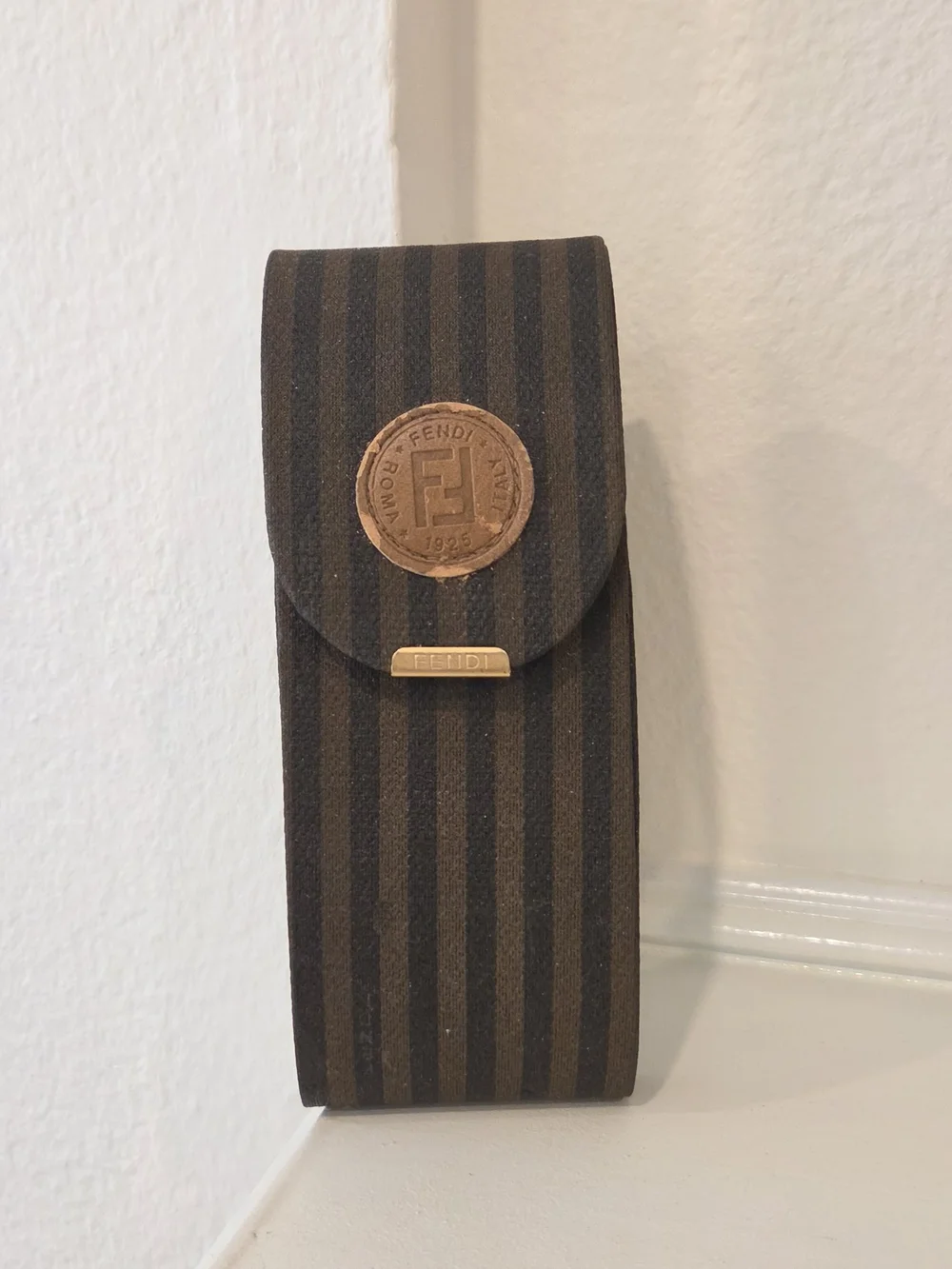 Vintage Fendi Brown and Black Striped Sunglasses Case with Gold Plaque